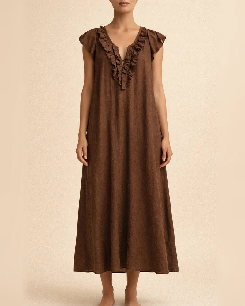 New Summer Bohemian Cotton-Linen Flare-Sleeve Ruffle-Collar Dress | JRSEE:b6c34252-4ca4-4bea-b4b3-90284146db13