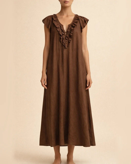 New Summer Bohemian Cotton-Linen Flare-Sleeve Ruffle-Collar Dress | JRSEE:b6c34252-4ca4-4bea-b4b3-90284146db13