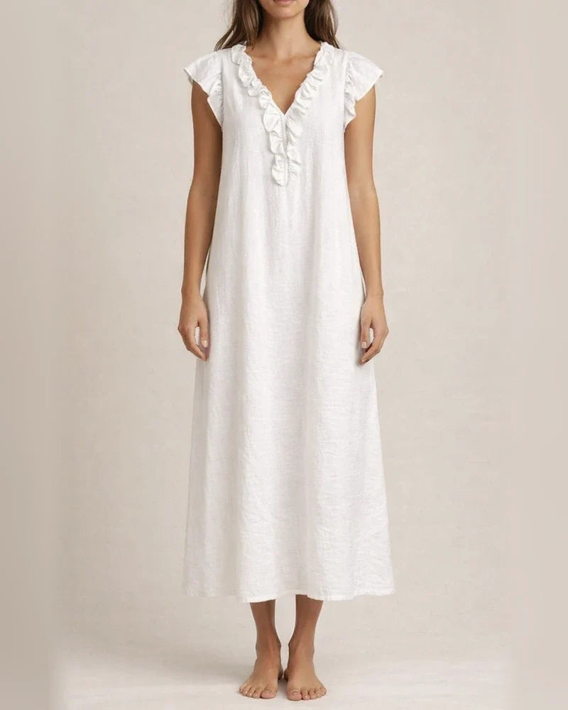 New Summer Bohemian Cotton-Linen Flare-Sleeve Ruffle-Collar Dress | JRSEE:534177eb-c368-4d09-9e8c-6f5523721f96