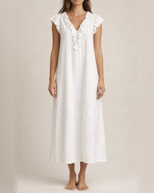 New Summer Bohemian Cotton-Linen Flare-Sleeve Ruffle-Collar Dress | JRSEE:534177eb-c368-4d09-9e8c-6f5523721f96