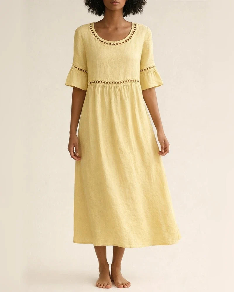 New Summer Casual Round-Neck Mid-Sleeve Solid-Color Women's Cotton-Linen Embroidered Dress | JRSEE:450ad893-5d5e-4ce8-be40-35bd432b3e6d