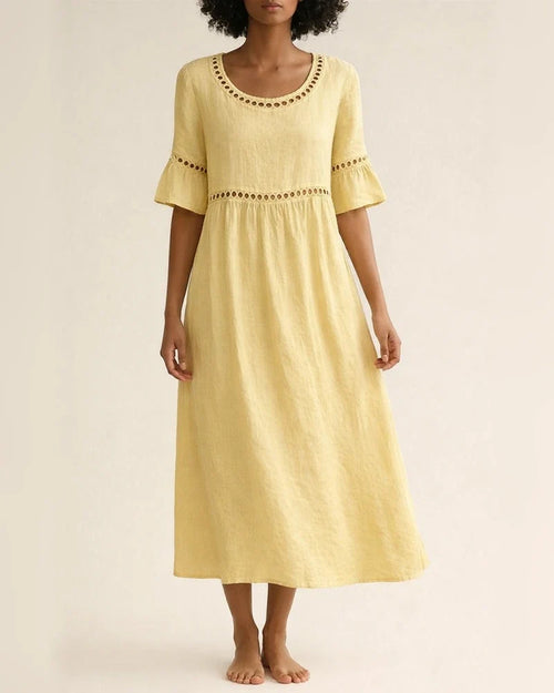New Summer Casual Round-Neck Mid-Sleeve Solid-Color Women's Cotton-Linen Embroidered Dress | JRSEE:450ad893-5d5e-4ce8-be40-35bd432b3e6d