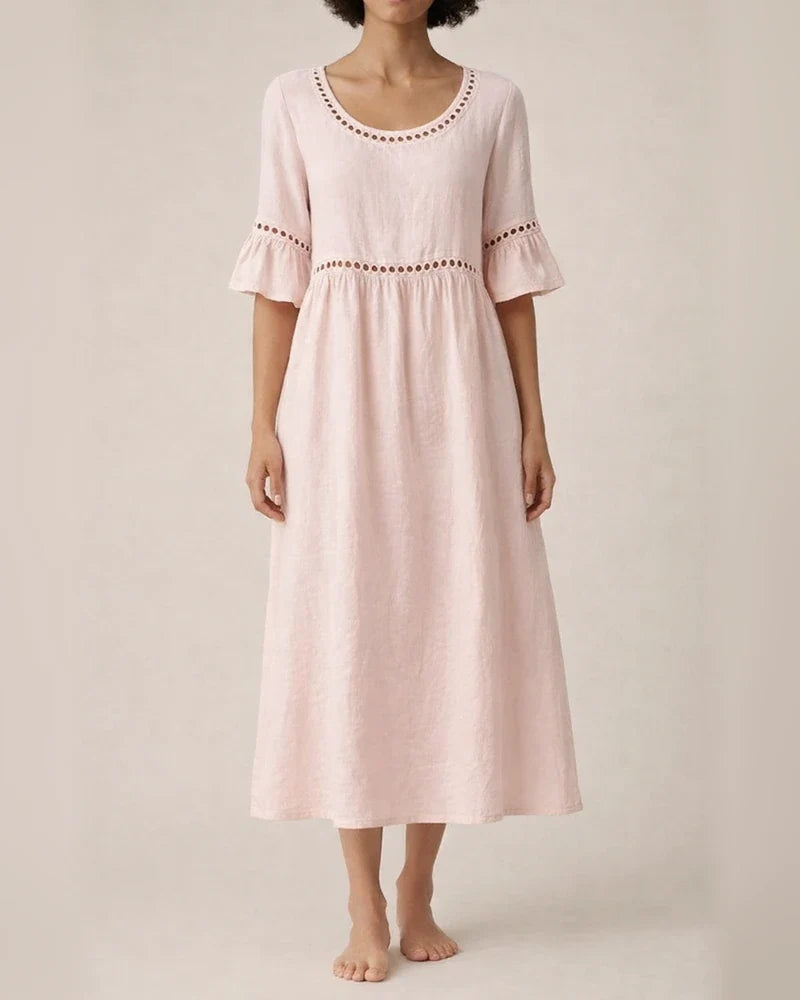New Summer Casual Round-Neck Mid-Sleeve Solid-Color Women's Cotton-Linen Embroidered Dress | JRSEE:62cf3cff-6731-42aa-87ac-2e57c49f7e1c