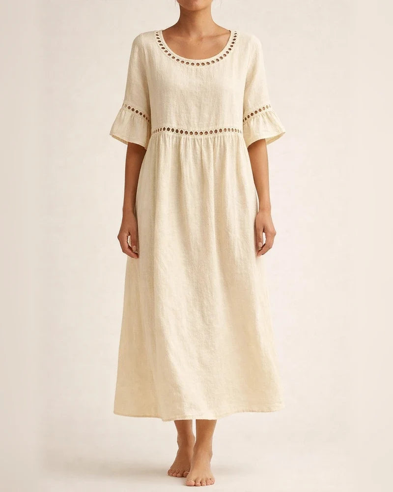 New Summer Casual Round-Neck Mid-Sleeve Solid-Color Women's Cotton-Linen Embroidered Dress | JRSEE:f73b8bc1-0bec-4fa3-92ea-5c3ab6a86fd4