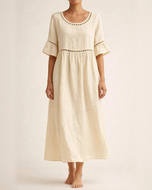 New Summer Casual Round-Neck Mid-Sleeve Solid-Color Women's Cotton-Linen Embroidered Dress | JRSEE:f73b8bc1-0bec-4fa3-92ea-5c3ab6a86fd4