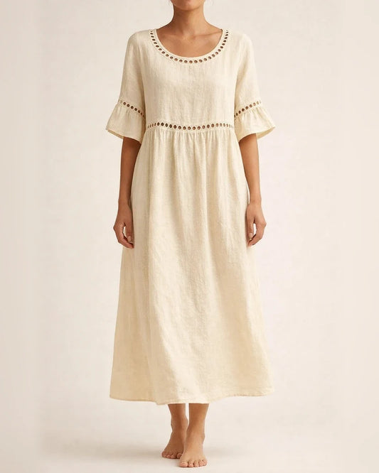 New Summer Casual Round-Neck Mid-Sleeve Solid-Color Women's Cotton-Linen Embroidered Dress | JRSEE:f73b8bc1-0bec-4fa3-92ea-5c3ab6a86fd4
