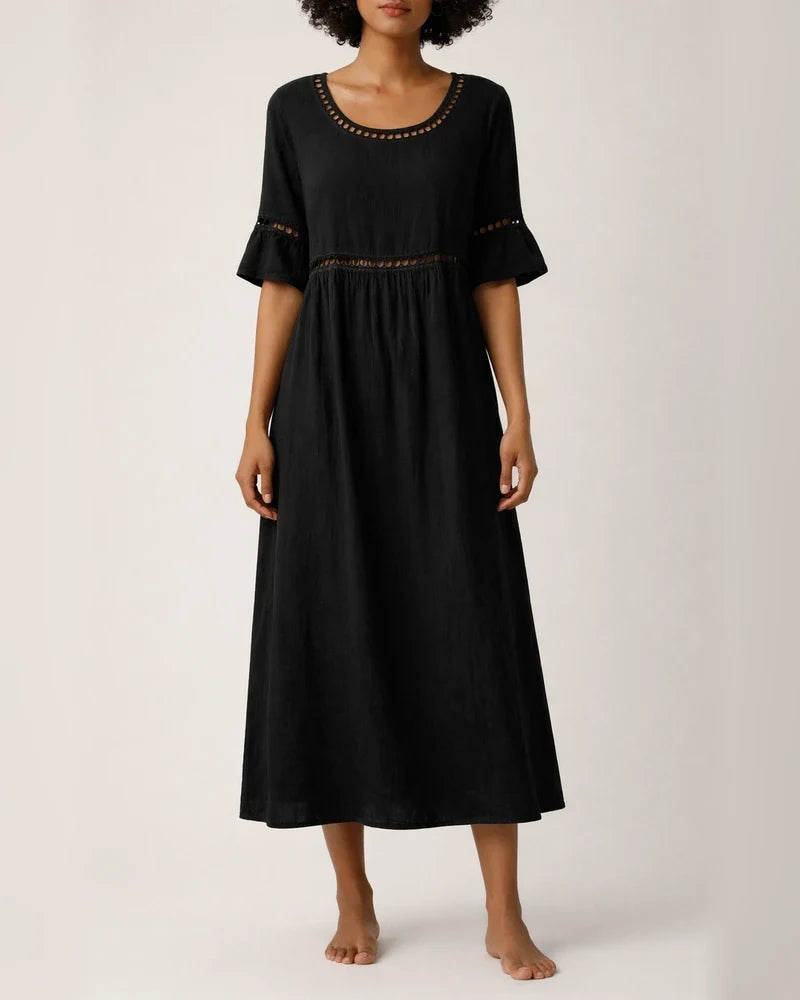 New Summer Casual Round-Neck Mid-Sleeve Solid-Color Women's Cotton-Linen Embroidered Dress | JRSEE:d4d407fc-5508-4da3-91d1-34c86d108d36