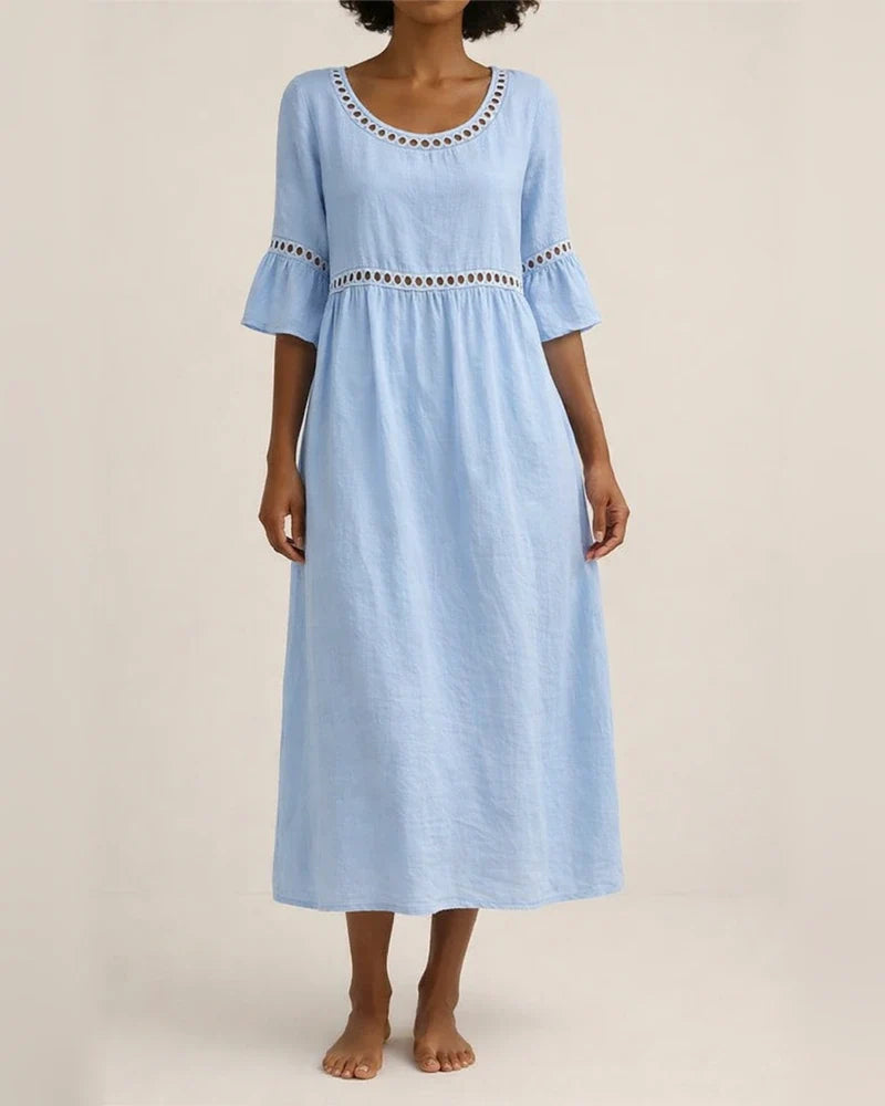 New Summer Casual Round-Neck Mid-Sleeve Solid-Color Women's Cotton-Linen Embroidered Dress | JRSEE:9272ffd6-0278-42e6-bff9-e30217ddfe7e