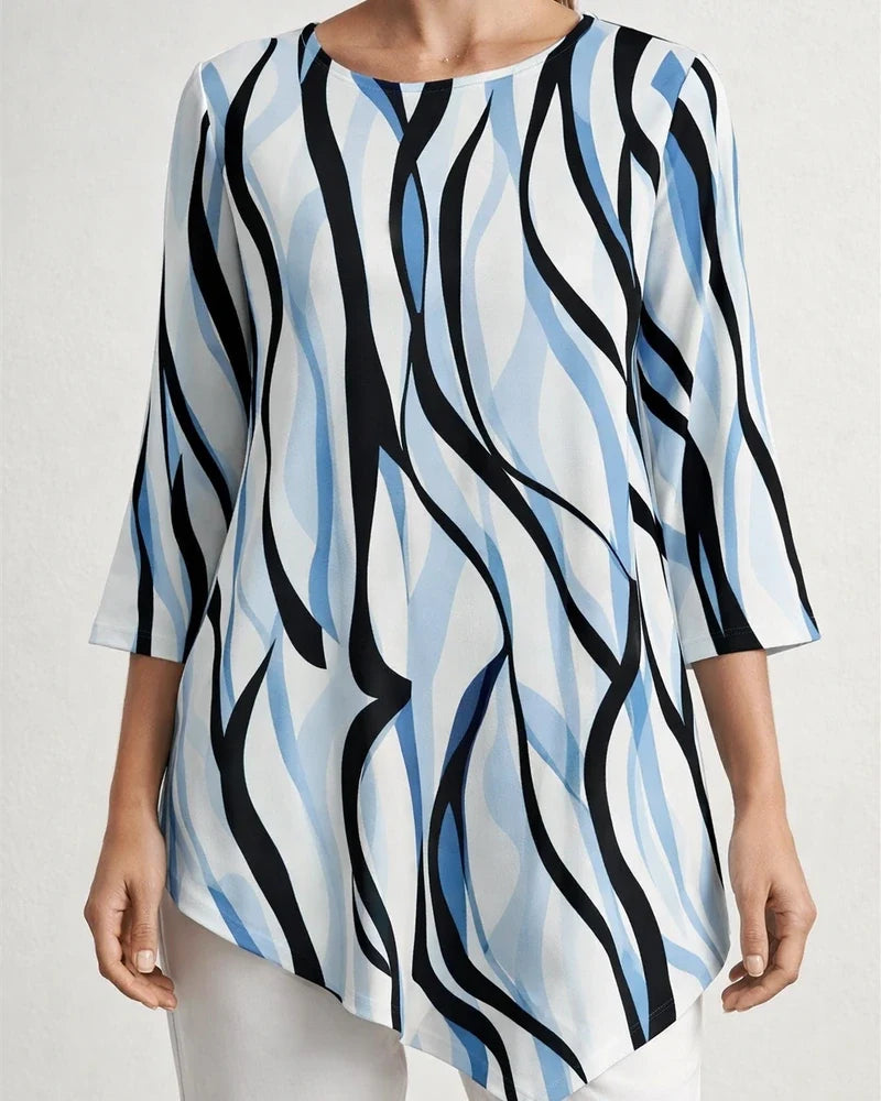New Summer Casual Top Loose-Fit T-Shirt with Line Print and Asymmetrical Round Neck | JRSEE:5192ef23-5ff3-4e70-b5c4-bddc57ffdd5f