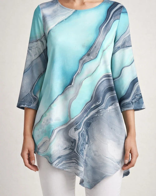 New Summer Casual Top Loose-Fit T-Shirt with Line Print and Asymmetrical Round Neck | JRSEE:aee0a653-1042-4aa2-a2eb-91cc32ba35ff