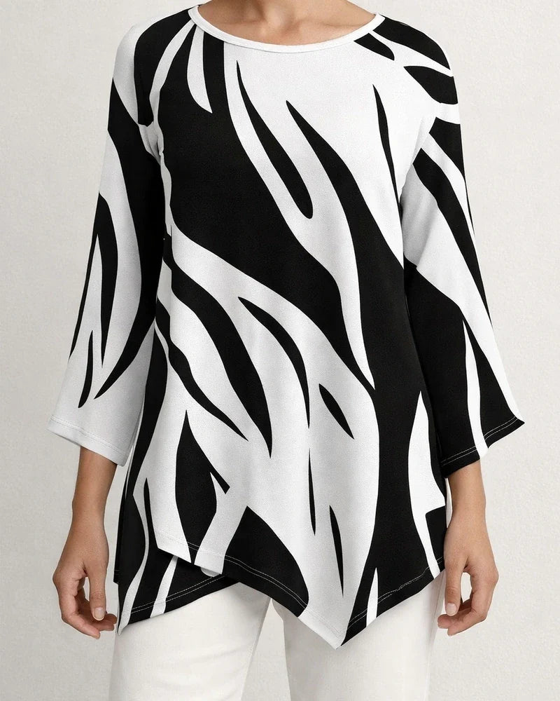 New Summer Casual Top Loose-Fit T-Shirt with Line Print and Asymmetrical Round Neck | JRSEE:b7370b19-a4c4-4d55-afb8-13f5384aeb99