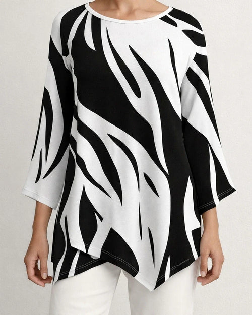 New Summer Casual Top Loose-Fit T-Shirt with Line Print and Asymmetrical Round Neck | JRSEE:b7370b19-a4c4-4d55-afb8-13f5384aeb99