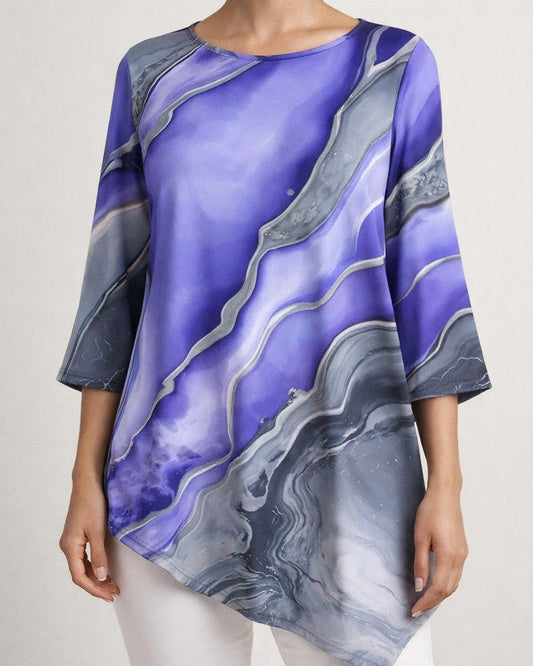 New Summer Casual Top Loose-Fit T-Shirt with Line Print and Asymmetrical Round Neck | JRSEE:50000c79-4a11-458f-b8af-e3e1229b9818