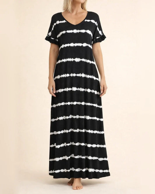 New Summer Dress V-neck Ruffled Sleeve Striped Print Long Skirt Plus Size Casual Dress | JRSEE:f17f96b9-ab88-43b6-ae6d-4687391c006b