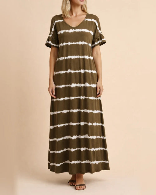 New Summer Dress V-neck Ruffled Sleeve Striped Print Long Skirt Plus Size Casual Dress | JRSEE:5eab94d8-c555-423f-b03f-4e62fff6f530