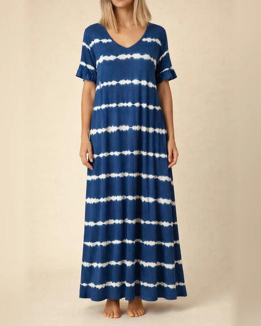 New Summer Dress V-neck Ruffled Sleeve Striped Print Long Skirt Plus Size Casual Dress | JRSEE:e523c1ac-2882-4d67-a9f0-59c016528582