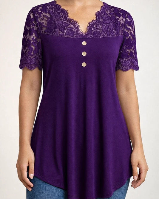 New Summer European & American Style Women's Solid Color Lace-Trimmed Short-Sleeve V-Neck Casual T-Shirt | JRSEE:83444e7a-d7a9-4c8b-8744-aeedf6dedbd8