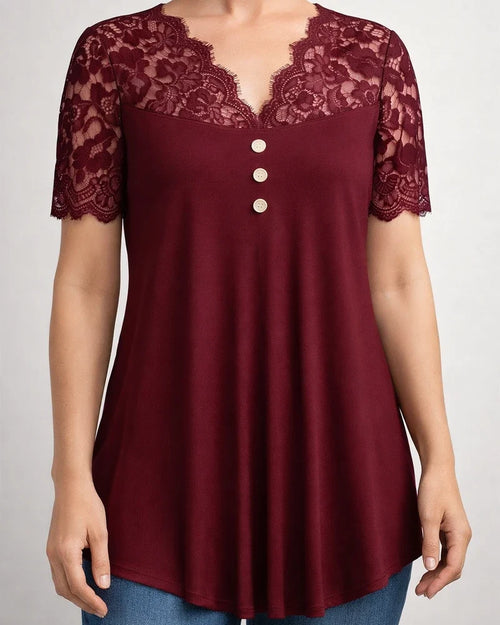 New Summer European & American Style Women's Solid Color Lace-Trimmed Short-Sleeve V-Neck Casual T-Shirt | JRSEE:8d1c0dc5-821a-4bc2-a52c-bca6c8b1f5e2