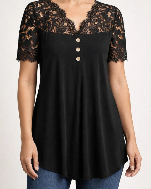New Summer European & American Style Women's Solid Color Lace-Trimmed Short-Sleeve V-Neck Casual T-Shirt | JRSEE:52822df1-6475-4c10-80b4-43d380e9e8b6