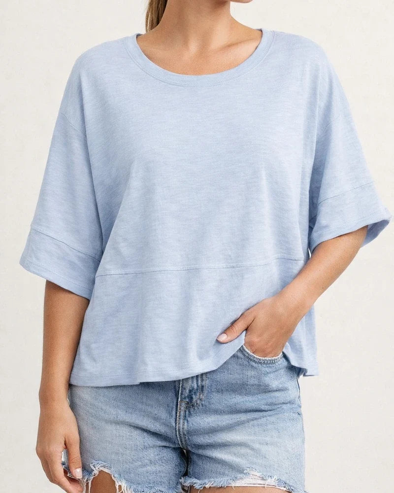 New Summer Solid-Color Round-Neck Three-Quarter-Sleeve Flared-Sleeve Loose-Fit T-Shirt | JRSEE:d2bb668e-2417-47c0-b0fe-7583abb865eb