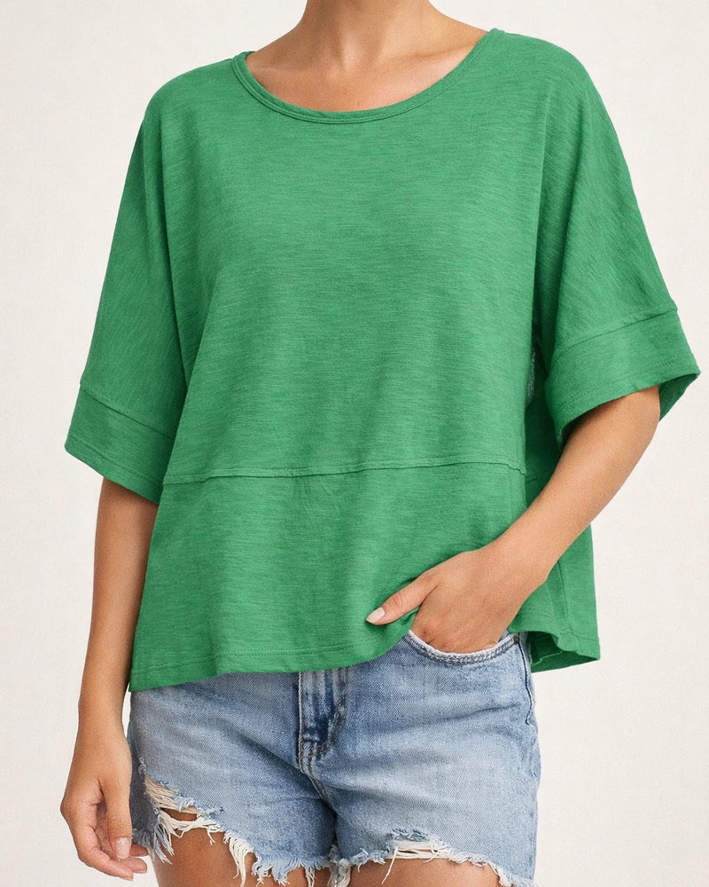 New Summer Solid-Color Round-Neck Three-Quarter-Sleeve Flared-Sleeve Loose-Fit T-Shirt | JRSEE:e131e8eb-77db-46bd-8df3-a0d317bb2f35