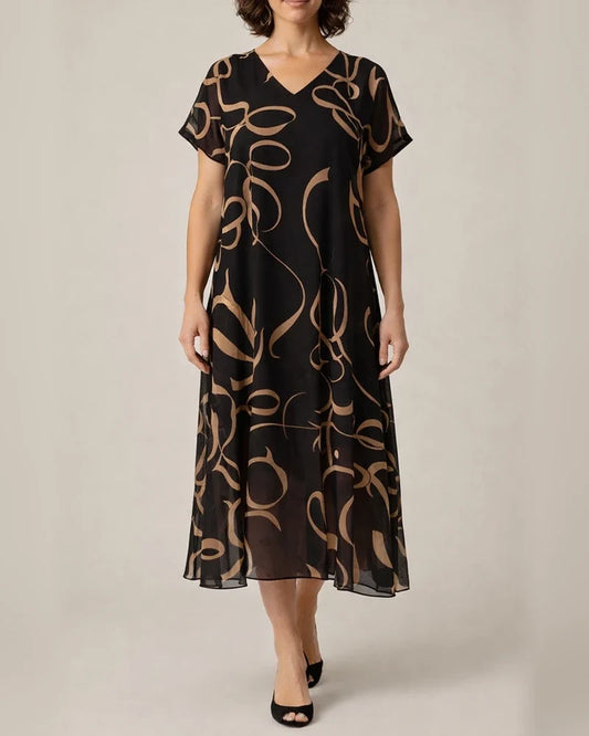 New Summer Style Fashionable Plus-Size Women's Printed Short-Sleeve V-Neck Black Dress | JRSEE:267b7457-aafc-4cbd-8ede-e1e71417cf3c
