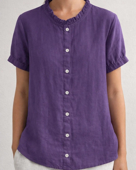 New Summer Style Stand-Up Collar Short-Sleeve Solid Color Shirt with Floral Button Accents | JRSEE:9c220d43-f36a-4171-a25d-bf65924850dd