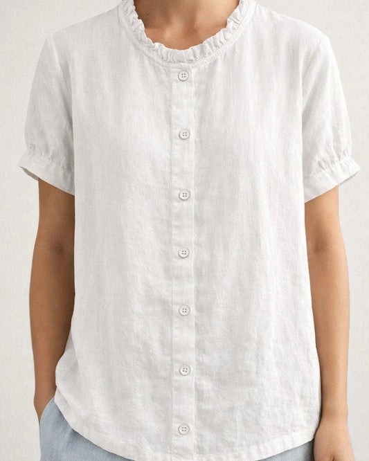 New Summer Style Stand-Up Collar Short-Sleeve Solid Color Shirt with Floral Button Accents | JRSEE:ab43ea69-74a2-4d2c-b062-71a297893a18