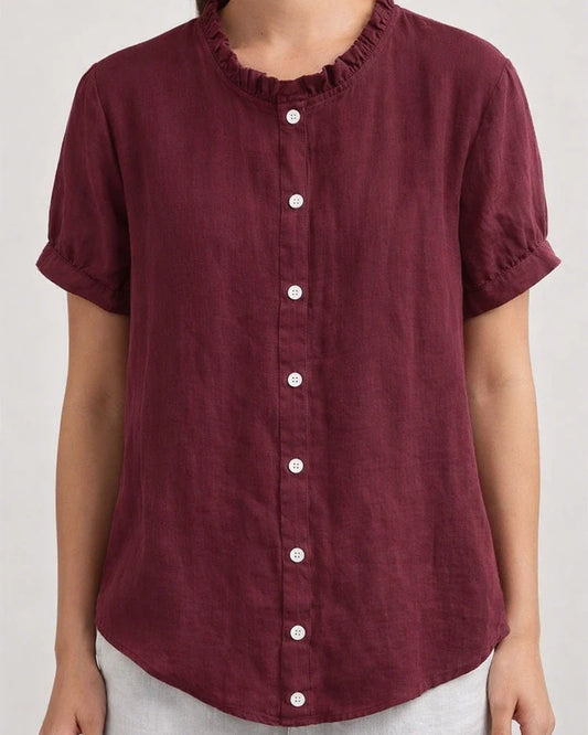 New Summer Style Stand-Up Collar Short-Sleeve Solid Color Shirt with Floral Button Accents | JRSEE:25a012a6-7530-464e-aa3b-9e62560e832e