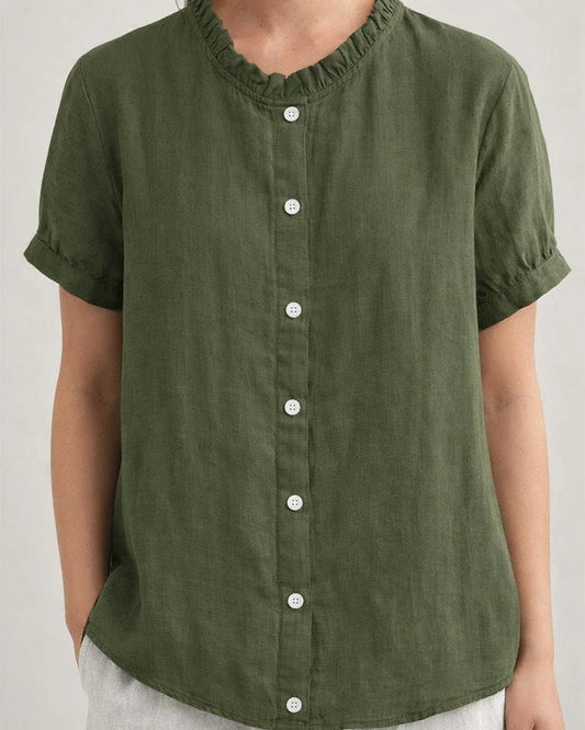 New Summer Style Stand-Up Collar Short-Sleeve Solid Color Shirt with Floral Button Accents | JRSEE:d088a1c9-4fa7-4df5-92d2-4ca6e02ca5b5