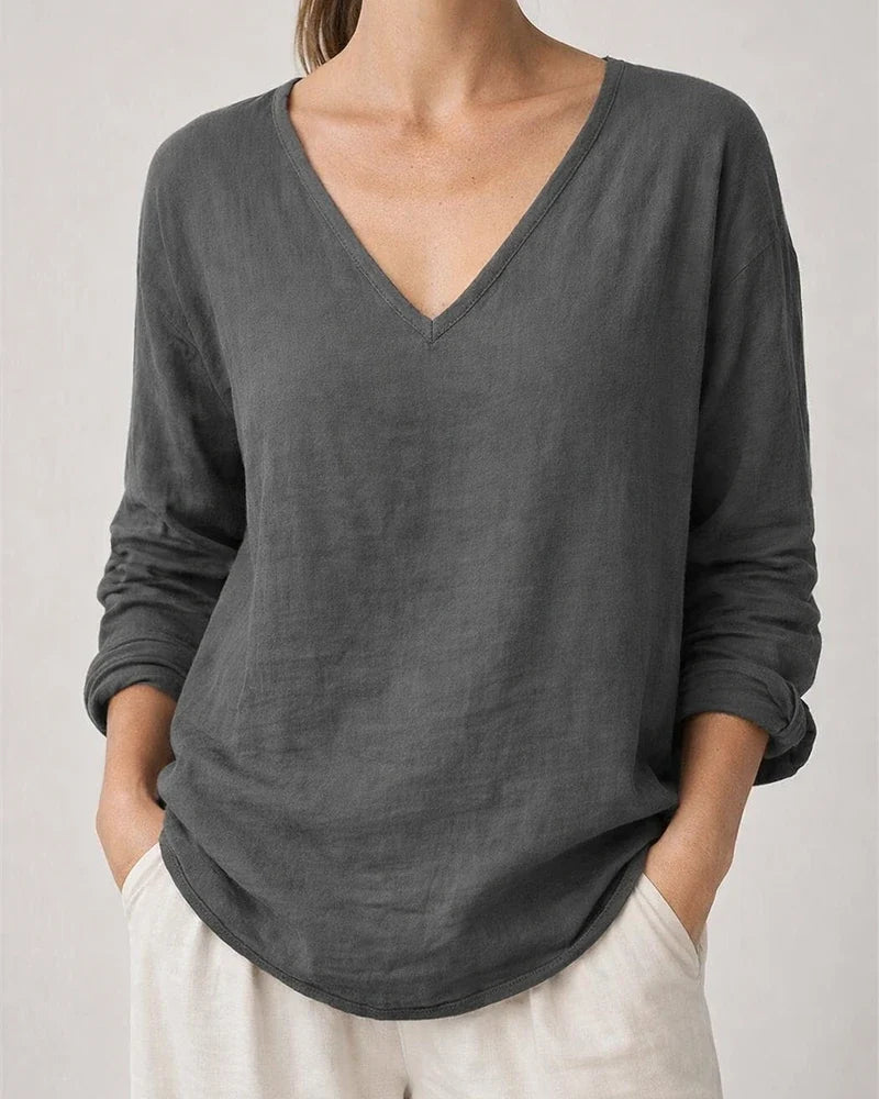 New Summer Women’s Casual Loose-Fit Fashionable Cotton-Linen Long-Sleeve V-Neck Top | JRSEE:d3ce87d7-fe2e-4e4d-9906-dd11171eec0b