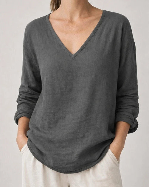 New Summer Women’s Casual Loose-Fit Fashionable Cotton-Linen Long-Sleeve V-Neck Top | JRSEE:d3ce87d7-fe2e-4e4d-9906-dd11171eec0b