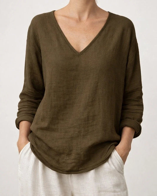 New Summer Women’s Casual Loose-Fit Fashionable Cotton-Linen Long-Sleeve V-Neck Top | JRSEE:93961823-e6f0-4fbc-a0d0-edba0da825c4
