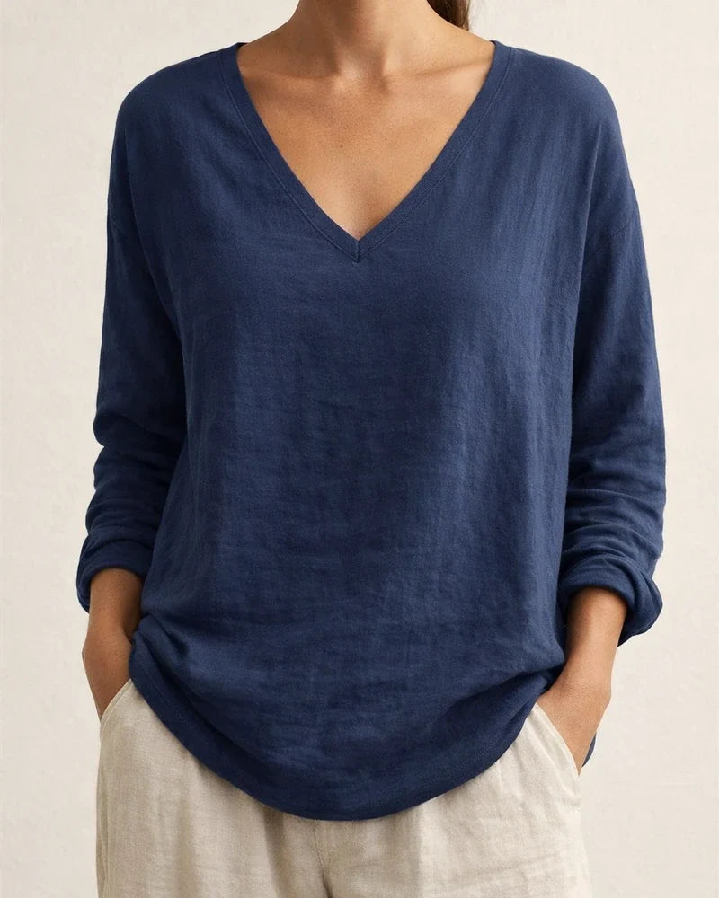 New Summer Women’s Casual Loose-Fit Fashionable Cotton-Linen Long-Sleeve V-Neck Top | JRSEE:e74bffd8-866e-41d7-9f5e-c502e98d21c0