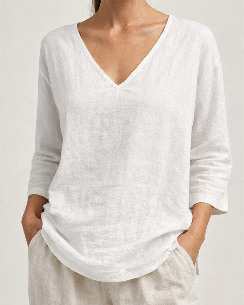 New Summer Women’s Casual Loose-Fit Fashionable Cotton-Linen Long-Sleeve V-Neck Top | JRSEE:14a7fb15-ba97-4ada-bea6-717e0404defd