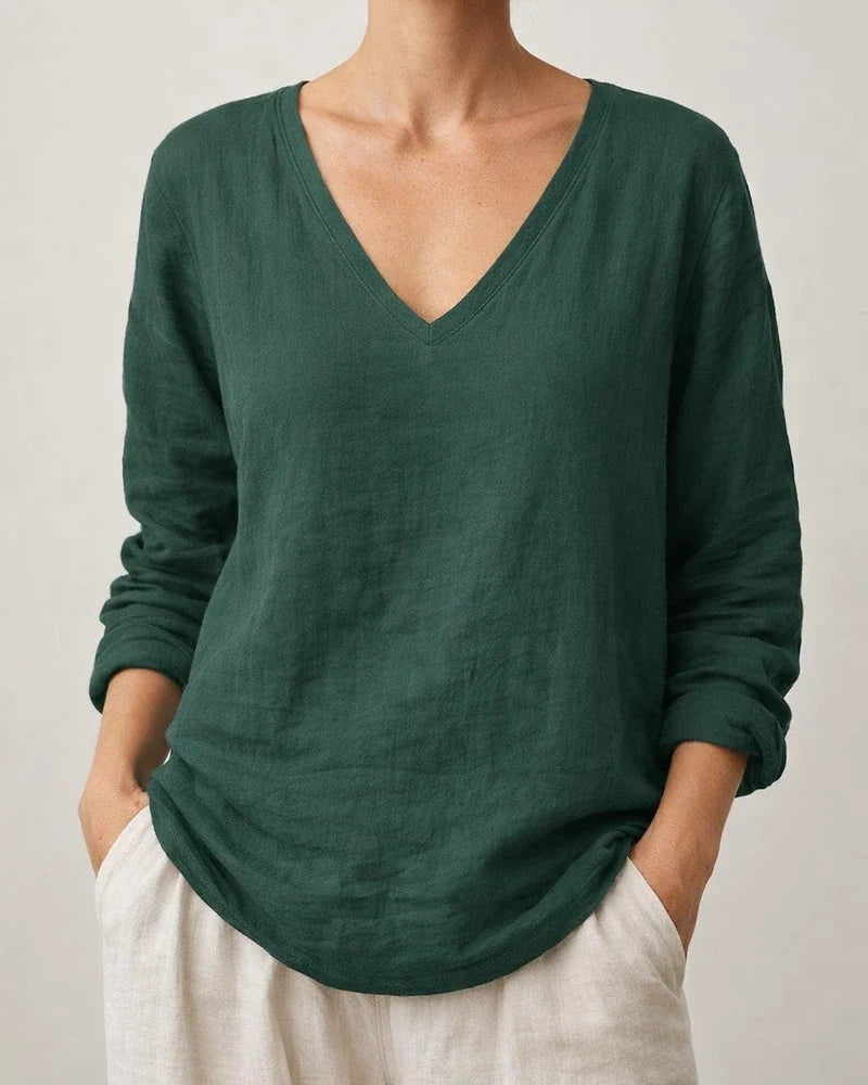 New Summer Women’s Casual Loose-Fit Fashionable Cotton-Linen Long-Sleeve V-Neck Top | JRSEE:9c21ecb8-8999-4fb6-ae96-d7c9fdd38e32