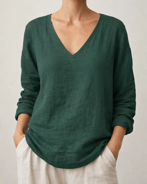 New Summer Women’s Casual Loose-Fit Fashionable Cotton-Linen Long-Sleeve V-Neck Top | JRSEE:9c21ecb8-8999-4fb6-ae96-d7c9fdd38e32