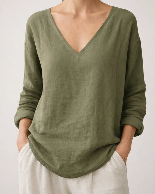 New Summer Women’s Casual Loose-Fit Fashionable Cotton-Linen Long-Sleeve V-Neck Top | JRSEE:12bf7b9c-6620-477f-ab20-7ae72c6e7db2