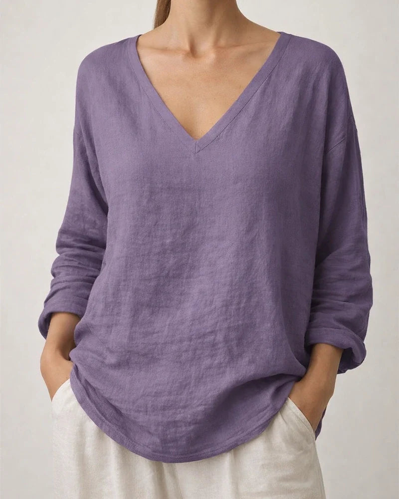 New Summer Women’s Casual Loose-Fit Fashionable Cotton-Linen Long-Sleeve V-Neck Top | JRSEE:af53c5ac-8cbc-4468-a23c-9c4514062321