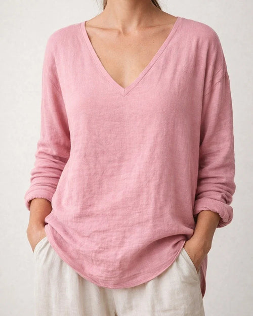 New Summer Women’s Casual Loose-Fit Fashionable Cotton-Linen Long-Sleeve V-Neck Top | JRSEE:4859475f-6da6-4950-9b8a-f0201f327d07