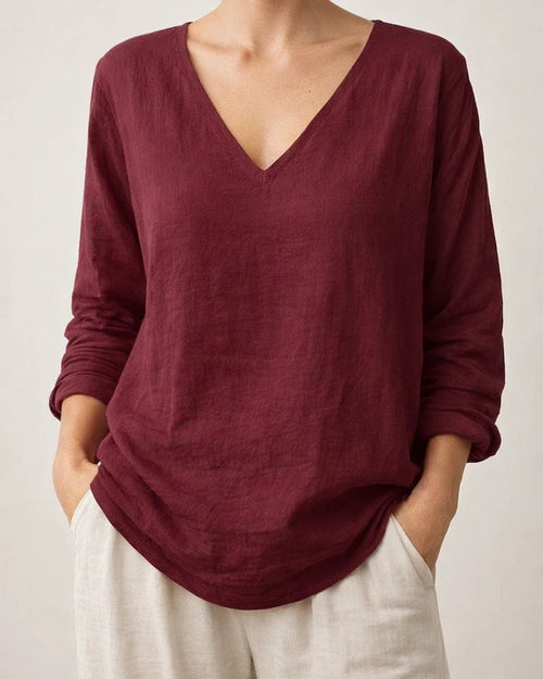 New Summer Women’s Casual Loose-Fit Fashionable Cotton-Linen Long-Sleeve V-Neck Top | JRSEE:26500ef1-e42d-423b-bb45-bec24a05ac1c