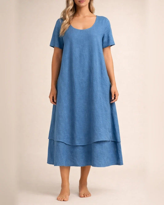 New Summer Women’s Casual Loose-Fit Fashionable Short-Sleeve Solid-Color Round-Neck Double-Layer Dress | JRSEE:88e3018a-5d72-4f3f-8c2e-23c66345060a