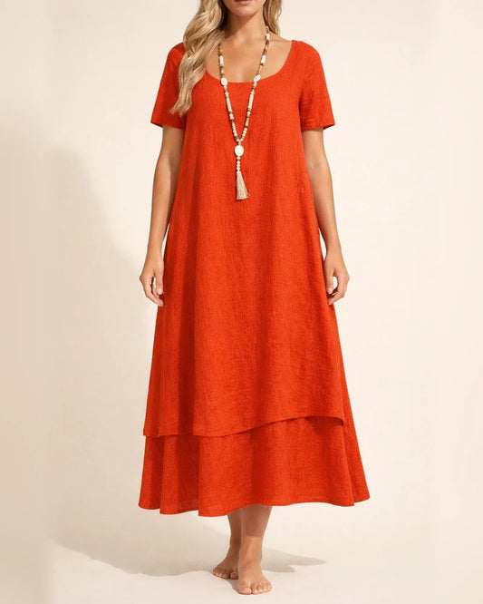 New Summer Women’s Casual Loose-Fit Fashionable Short-Sleeve Solid-Color Round-Neck Double-Layer Dress | JRSEE:e0848cfc-916f-439f-9672-1c0bcb839525