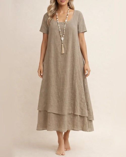 New Summer Women’s Casual Loose-Fit Fashionable Short-Sleeve Solid-Color Round-Neck Double-Layer Dress | JRSEE:fe70a0f4-c7ba-4f36-892f-94fa126a23f8