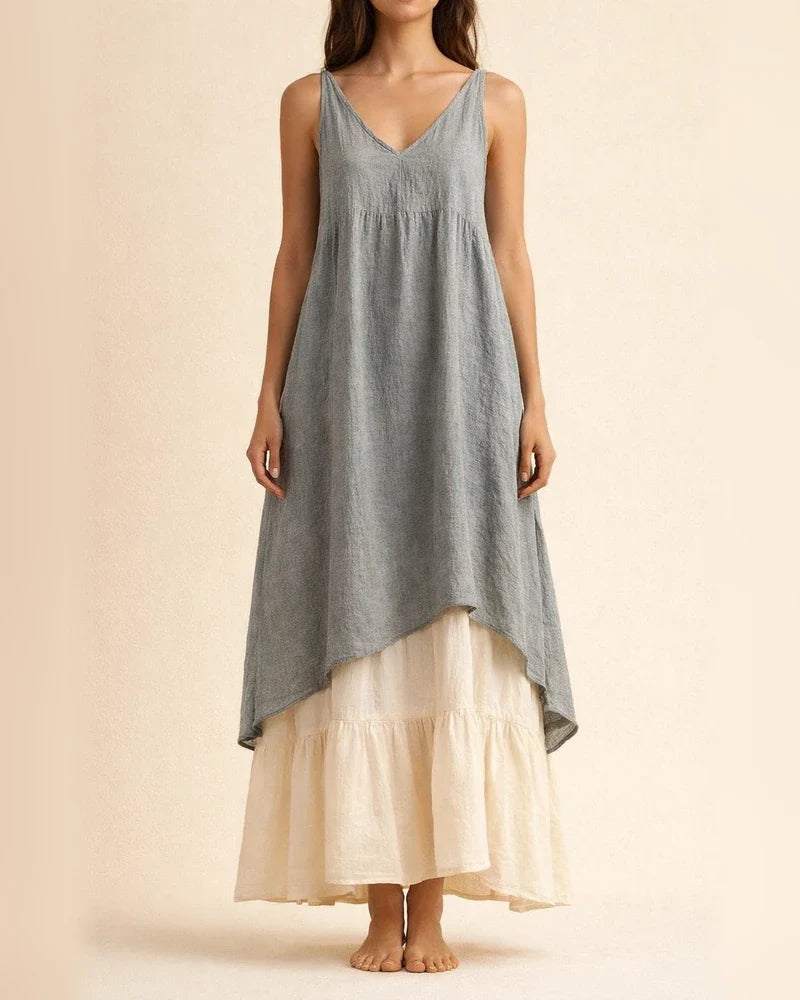 New Summer Women's Casual Loose-Fit Sleeveless Cotton-Linen Solid Color V-Neck Beach Dress | JRSEE:dc77a23d-8e82-4e14-9b7c-3e9549c8d0ec