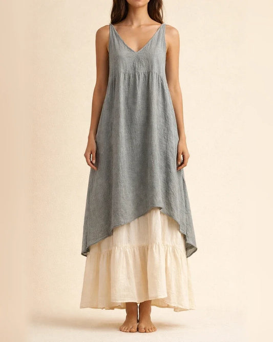 New Summer Women's Casual Loose-Fit Sleeveless Cotton-Linen Solid Color V-Neck Beach Dress | JRSEE:dc77a23d-8e82-4e14-9b7c-3e9549c8d0ec