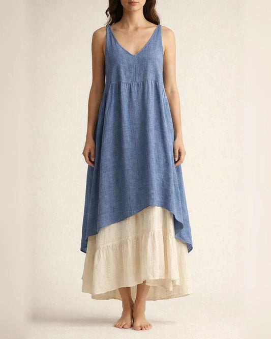 New Summer Women's Casual Loose-Fit Sleeveless Cotton-Linen Solid Color V-Neck Beach Dress | JRSEE:e38b09e5-211e-4992-8b61-d876219fff7d