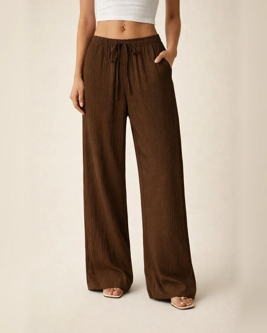 New Summer Women's Casual Solid-Color Textured Fabric Wide-Leg Pants with Slanted Pockets | JRSEE:773ccc3a-6f5f-4573-a808-9e8bbc48a4ea