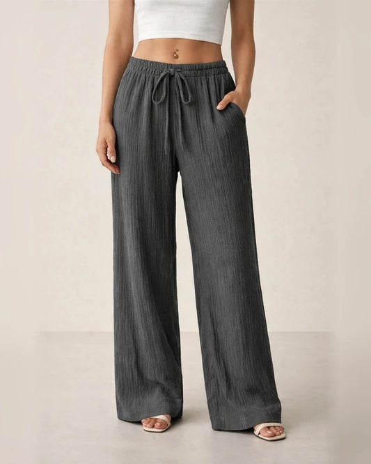 New Summer Women's Casual Solid-Color Textured Fabric Wide-Leg Pants with Slanted Pockets | JRSEE:ad5b2e76-fa5b-4c38-b5b0-ea82246f9412