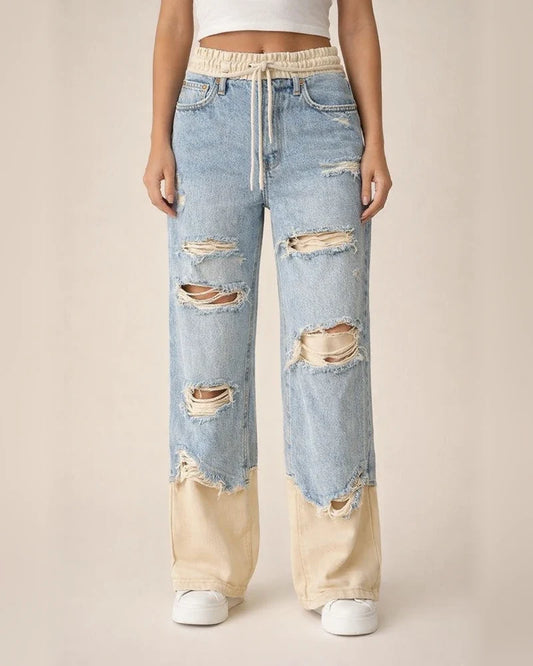 New Summer Women's Fashionable Ripped Drawstring Straight-Leg Pants | JRSEE:a42d98a6-4e9b-4898-9e8b-7dfd28213cef